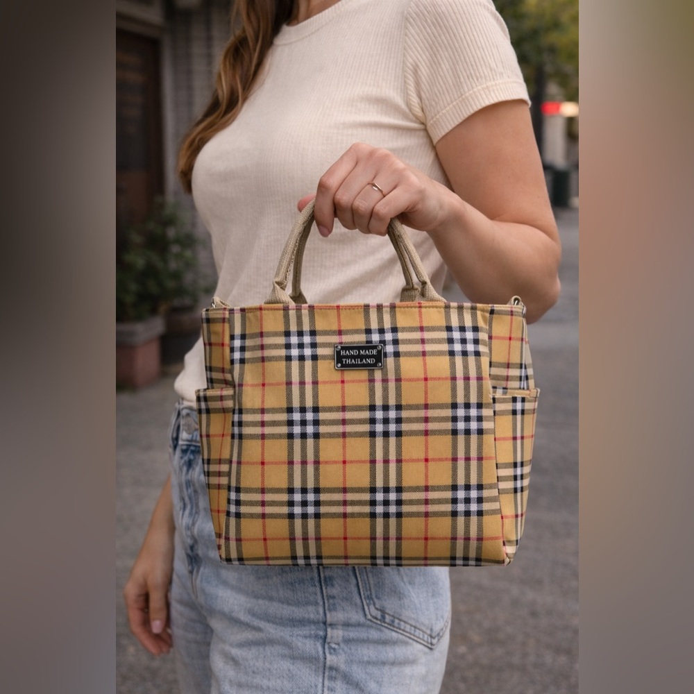 Plaid Handbag with Tan Accents